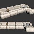 Modern Beige Tufted Sectional Sofa with Ottoman and Plaid Decorative Pillows 3d model