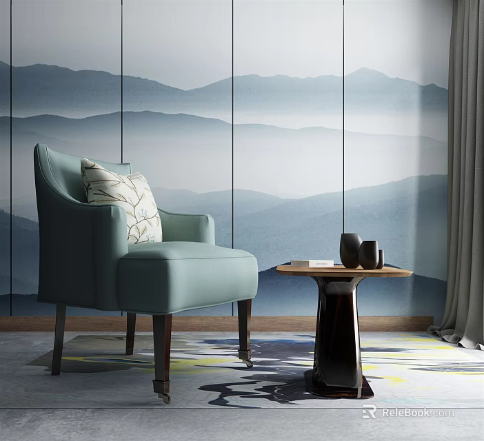 Light Blue Accent Chair Featuring Patterned Pillow Mountain Landscape Wallpaper And Side Table With Vases 3d model