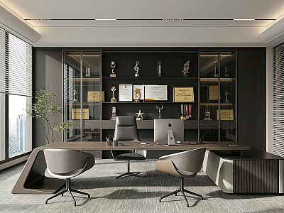 Modern Office Interior With Large Desk Chairs Glass Cabinet Trophies Certificates And Potted Plant 3d model