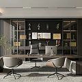 Modern Office Interior With Large Desk Chairs Glass Cabinet Trophies Certificates And Potted Plant