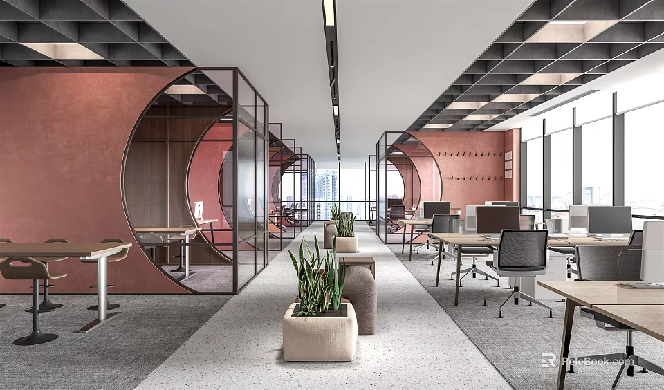 Modern Public Office Space With Open Workstations Green Plants And Glass Partitions 3d model 