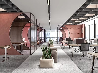 Modern Public Office Space With Open Workstations Green Plants And Glass Partitions 3d model