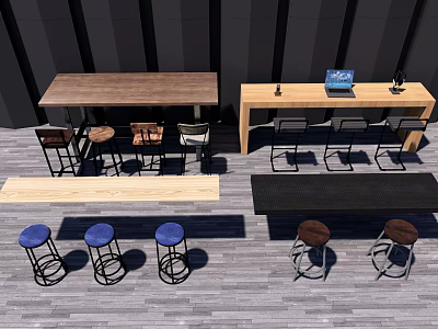 Wooden And Black Bar Counters With Blue Brown Stools Laptop Tables And Chairs 3d model