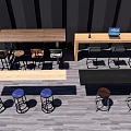 Wooden And Black Bar Counters With Blue Brown Stools Laptop Tables And Chairs