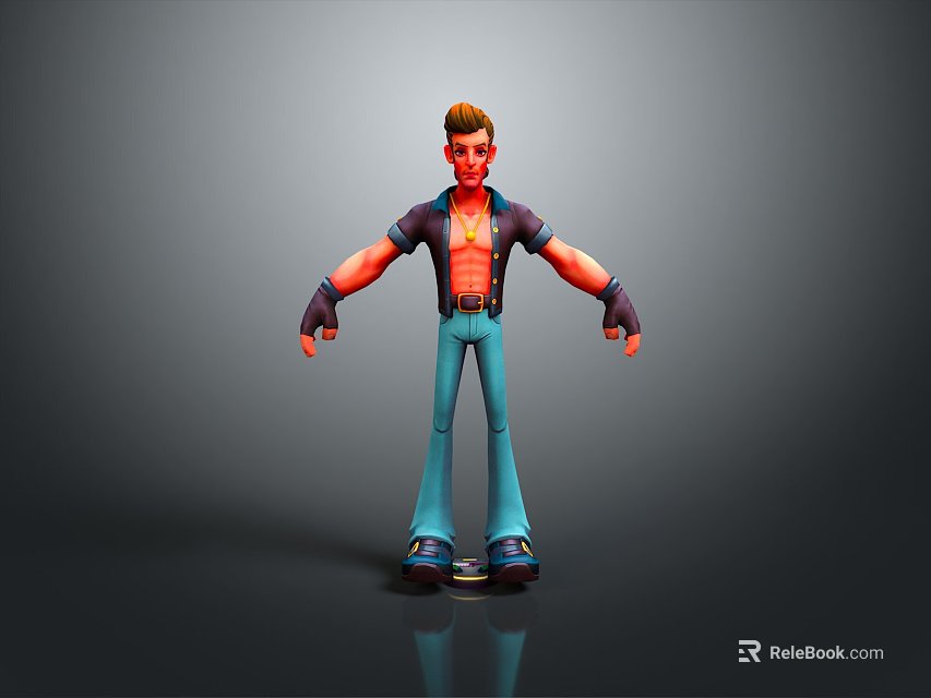 3D Male Character Model Wearing Black Jacket Open Shirt Blue Pants Black Gloves Standing on Skateboard 3d model 