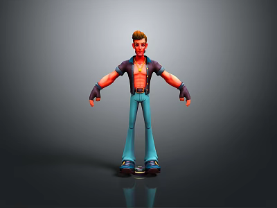 3D Male Character Model Wearing Black Jacket Open Shirt Blue Pants Black Gloves Standing on Skateboard 3d model