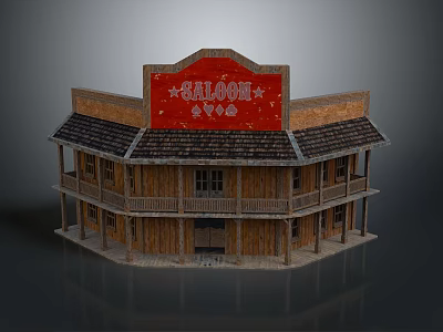 Traditional Wooden Two Story Saloon Building With Red Sign And Balconies 3d model