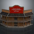 Traditional Wooden Two Story Saloon Building With Red Sign And Balconies