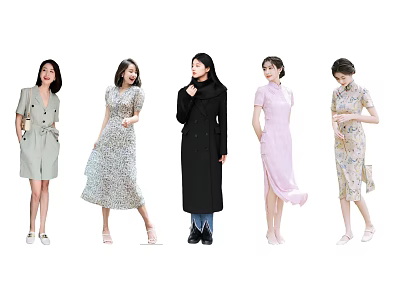 Group of Women Posing in Various Stylish Fashion Outfits and Dresses 3d model