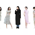 Group of Women Posing in Various Stylish Fashion Outfits and Dresses