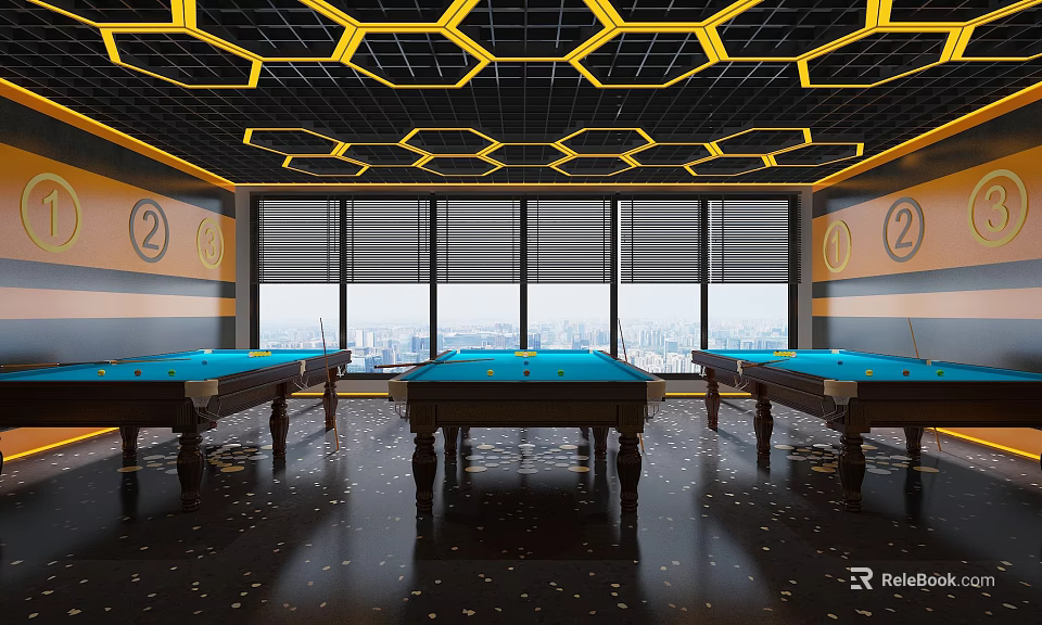 Billiard Room Interior With Blue Tables City View And Hexagonal Ceiling 3d model