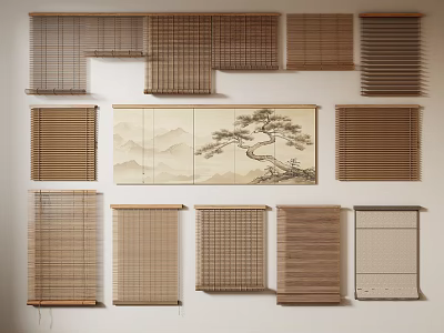 Various Natural Bamboo Blinds With Different Roller Styles For Home Interior Decoration 3d model