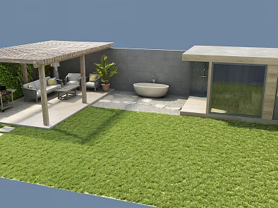 Serene Garden Landscape With Green Lawn Pergola Seating Bathtub And Glass Wall Structure 3d model