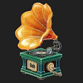 Vintage Orange Horn Gramophone with Green Base Vinyl Record and Bob Label