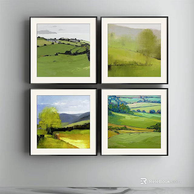 Set of Four Landscape Paintings With Green Fields Hills Trees And Path 3d model