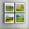 Set of Four Landscape Paintings With Green Fields Hills Trees And Path 3d model