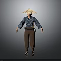 Traditional Asian Character Wearing Conical Hat Blue Top Brown Pants With Sword At Waist