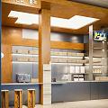 Bright Modern Bubble Tea Shop Interior Design With Wooden Counter And Shelves Stools