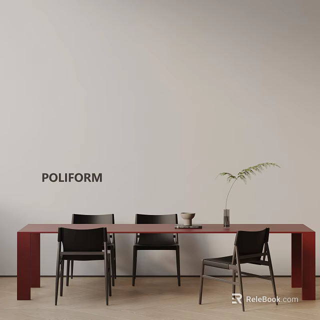 POLIFORM Red Dining Table Set With Black Chairs And Small Plant On Light Wall 3d model 