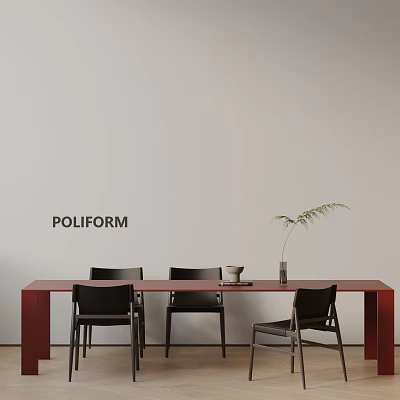 POLIFORM Red Dining Table Set With Black Chairs And Small Plant On Light Wall 3d model