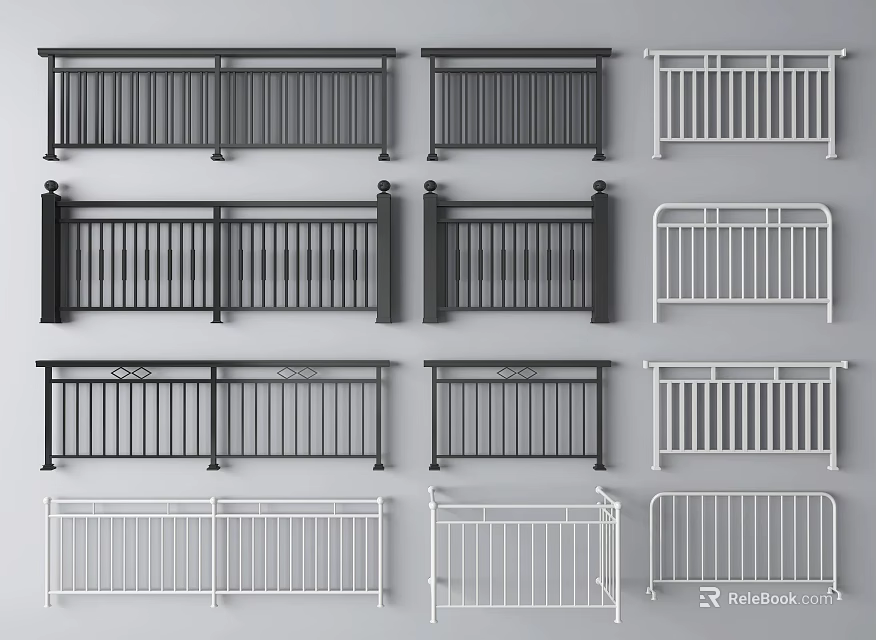Various Modern Fence Railing Designs With Black White Colors And Decorative Styles 3d model 