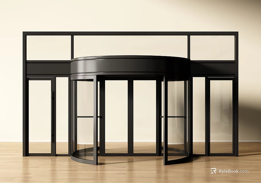Modern Revolving Door Design With Black Frame Glass Panels And Wooden Floor 3d model 