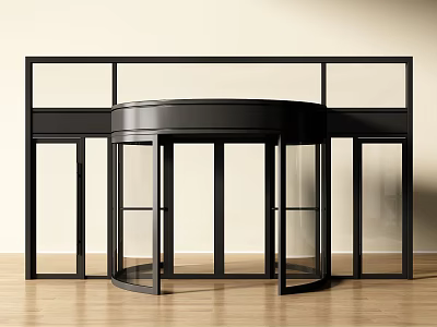 Modern Revolving Door Design With Black Frame Glass Panels And Wooden Floor 3d model