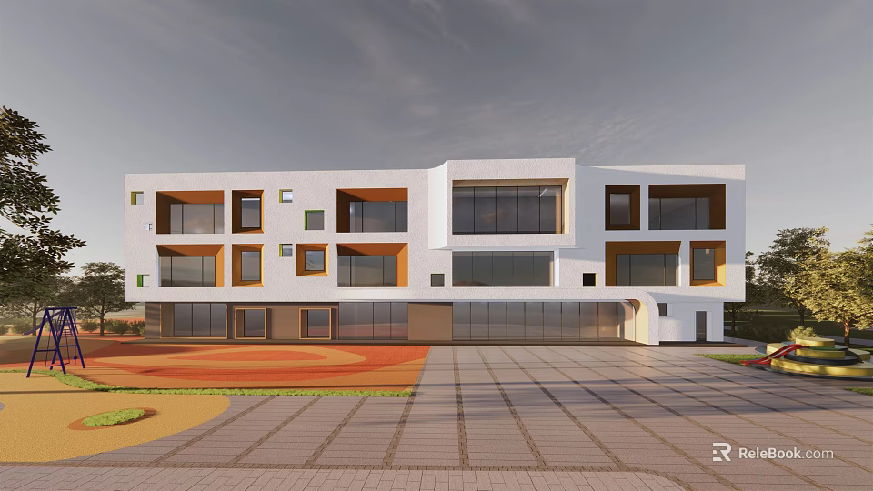 Modern White School Building Exterior With Large Windows Balconies And Red Sports Ground 3d model 