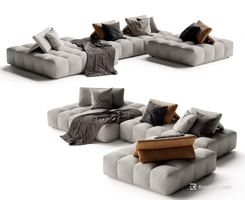 Modern Sectional Sofa With Modular Design Gray Upholstery Pillows And Blanket 3d model