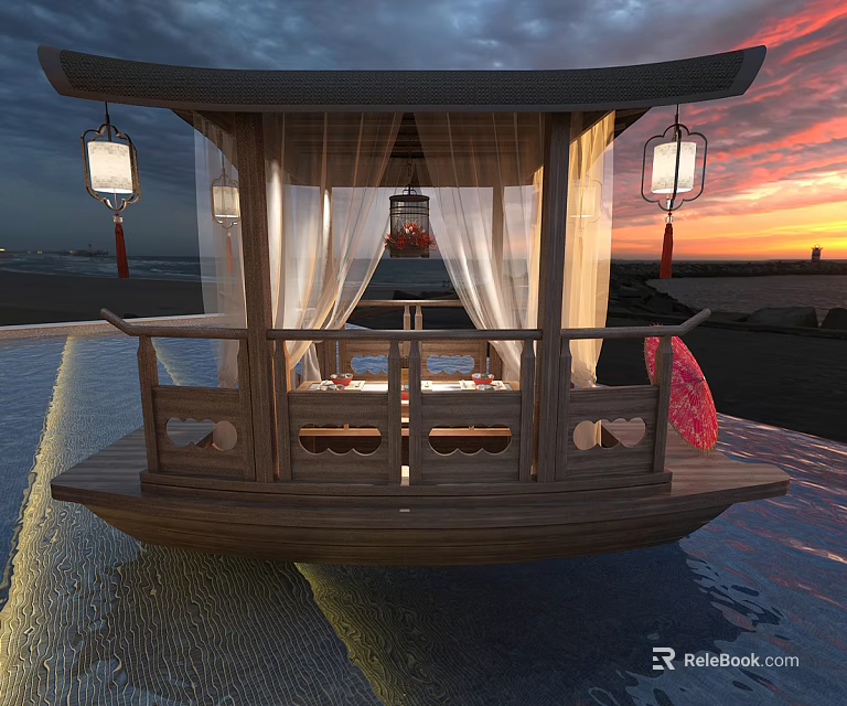 Traditional Pavilion Style Wooden Boat With Hanging Lanterns And White Curtains On Sunset Water Surface 3d model 