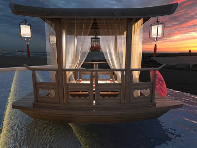 Traditional Pavilion Style Wooden Boat With Hanging Lanterns And White Curtains On Sunset Water Surface 3d model