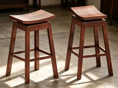 Two Modern Wooden Bar Stools With Curved Seat And Dark Wood Finish 3d model