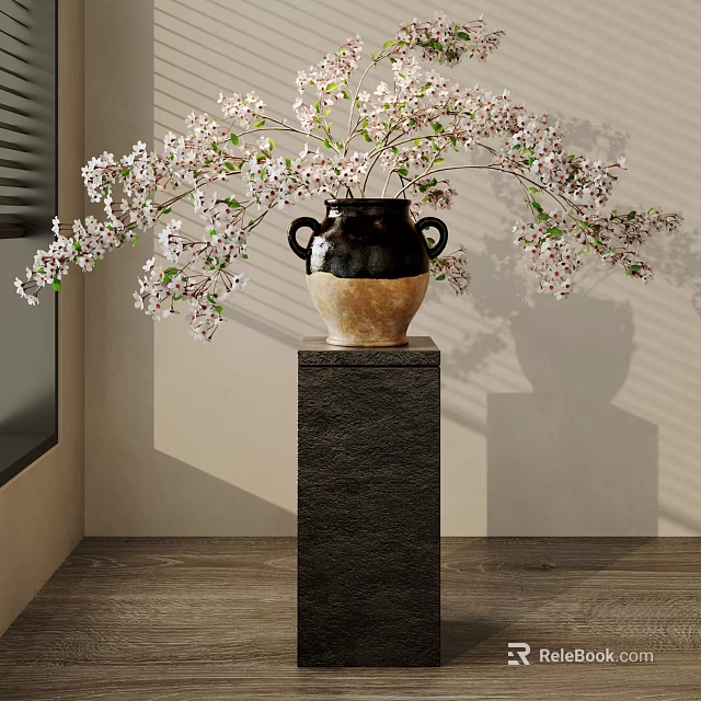 Black And Brown Two Handle Vase With White Flowers On Stone Pedestal With Natural Light 3d model 