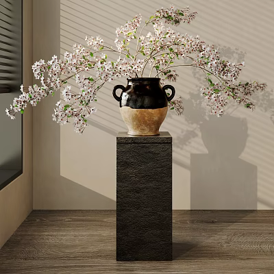 Black And Brown Two Handle Vase With White Flowers On Stone Pedestal With Natural Light 3d model