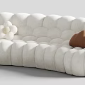 White Sectional Sofa with Curved Design Soft Fabric Flower Ornament and Brown Cushions
