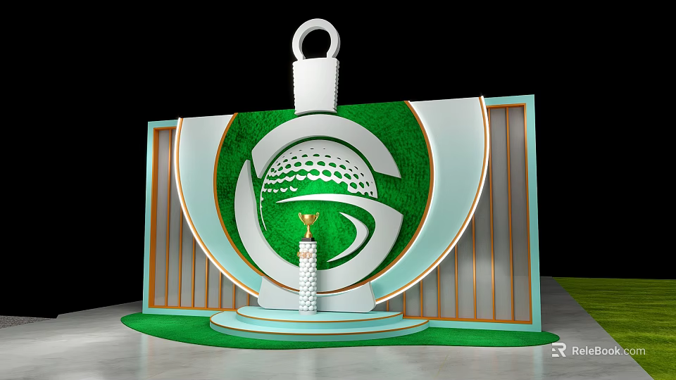 Golf Trophy Display With Green White Circular Emblem Gold Accents And Stand Base 3d model 