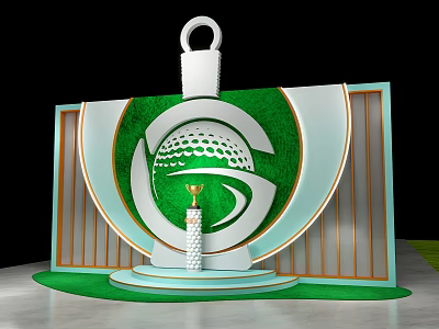 Golf Trophy Display With Green White Circular Emblem Gold Accents And Stand Base 3d model