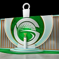 Golf Trophy Display With Green White Circular Emblem Gold Accents And Stand Base