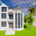 White Detached Villa Exterior With Two story Design Balcony Large Windows And Green Lawn