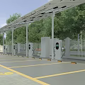 Solar Panel Roof Parking Lot With Electric Vehicle Charging Stations Marked Spaces And Trees