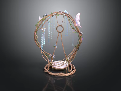 Delicate Metal Frame Decorative Household Item With Butterfly Accents And Hanging Beads 3d model