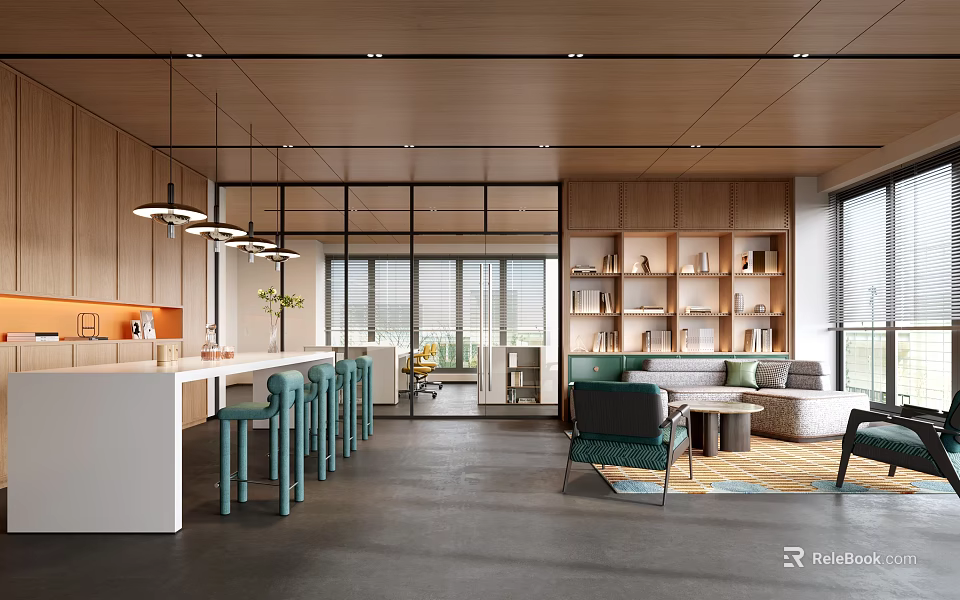 Modern Lounge Area With Wooden Ceiling Open Layout Sofa Bar Counter And Chairs 3d model 
