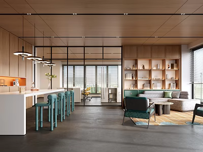 Modern Lounge Area With Wooden Ceiling Open Layout Sofa Bar Counter And Chairs 3d model