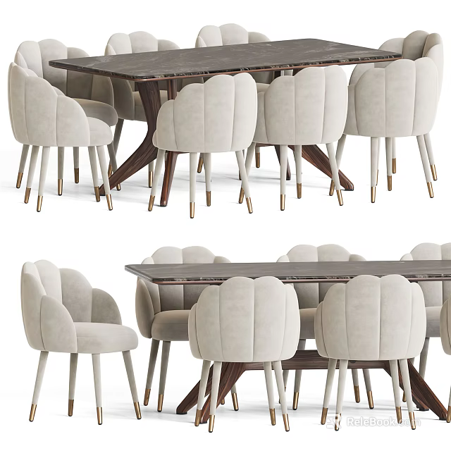 Elegant Modern Dining Table Set With Upholstered Chairs Gold Metal Legs And Wooden Tabletop 3d model 