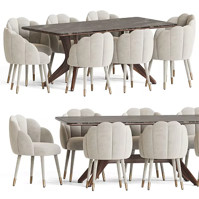 Elegant Modern Dining Table Set With Upholstered Chairs Gold Metal Legs And Wooden Tabletop 3d model