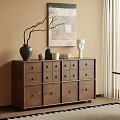 Entryway Side Cabinet Wooden Storage with Drawers Vase Sculpture and Wall Art in Beige Room