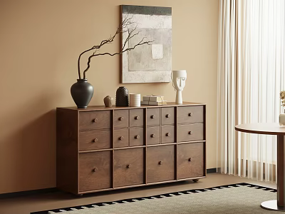 Entryway Side Cabinet Wooden Storage with Drawers Vase Sculpture and Wall Art in Beige Room 3d model