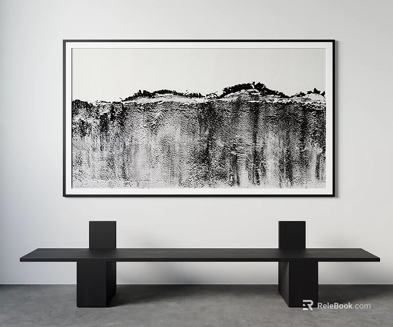 Black And White Landscape Painting With Black Bench In Modern Interior 3d model 