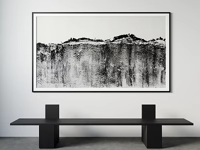 Black And White Landscape Painting With Black Bench In Modern Interior 3d model