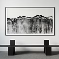 Black And White Landscape Painting With Black Bench In Modern Interior